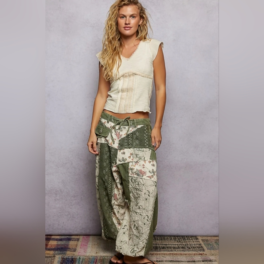 POL Olive & Cream Patchwork Jogger Pants - Picture 4 of 9